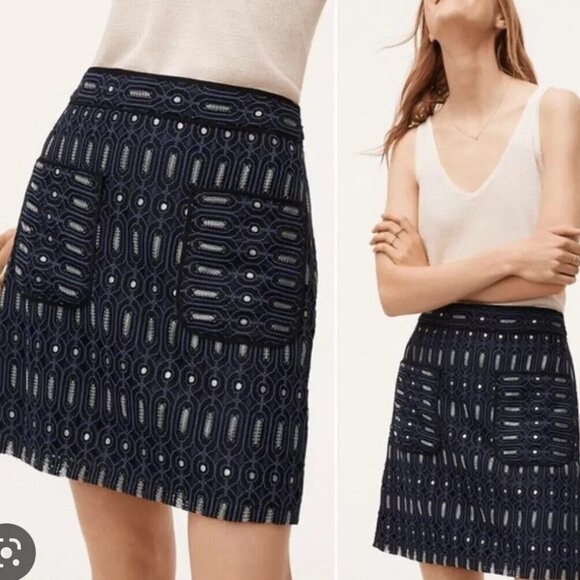 LOFT Dresses & Skirts - Loft Geo Circuit Lace Pockets Skirt Blue Black Metallic Silver Size 14